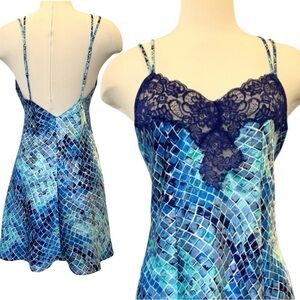 90s Victoria’s Secret Silky Satin Blue Mosaic Print Lace Chemise Slip Dress M 🔥